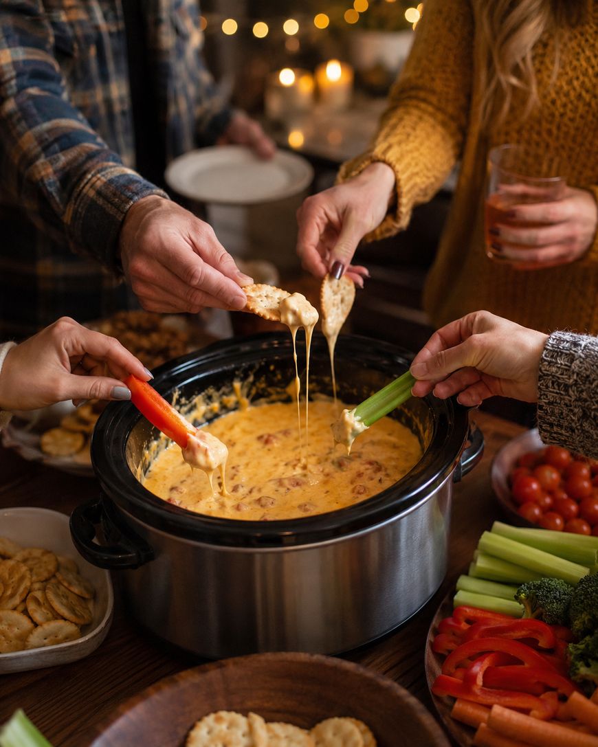 Three people dip crackers, celery, and a carrot stick into a pot of melted cheese dip at a festive table with vegetables, crackers, and string lights in the background.