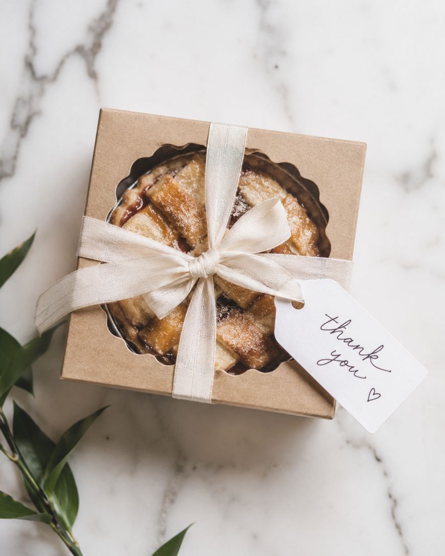 A small pie in a kraft paper box tied with a cream-colored ribbon and a tag that says thank you with a heart, placed on a white marble surface with green leaves to the side.
