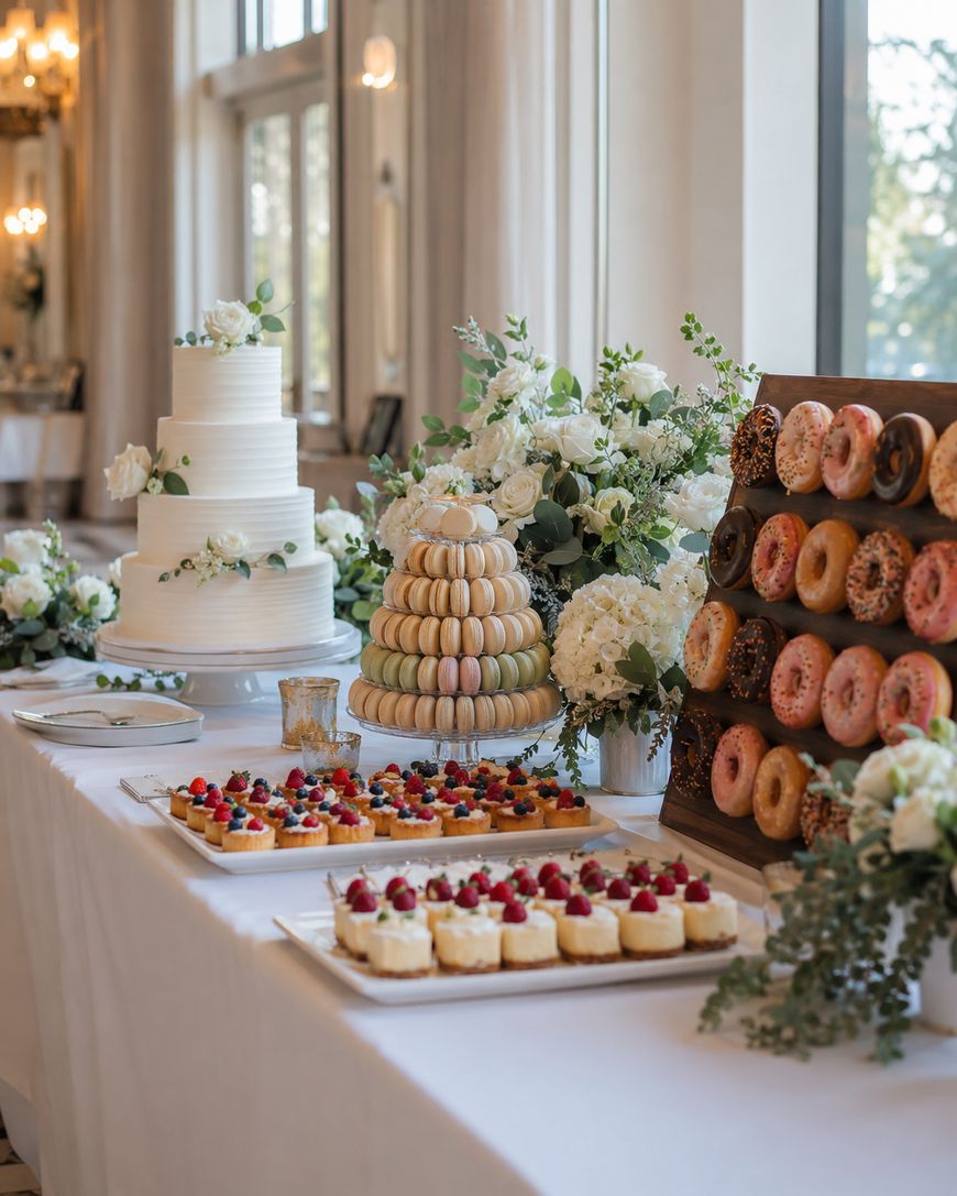 A dessert table at an elegant event displays a tiered white cake, a macaron tower, assorted mini tarts with berries, and a wooden stand holding various donuts, surrounded by white flower arrangements.