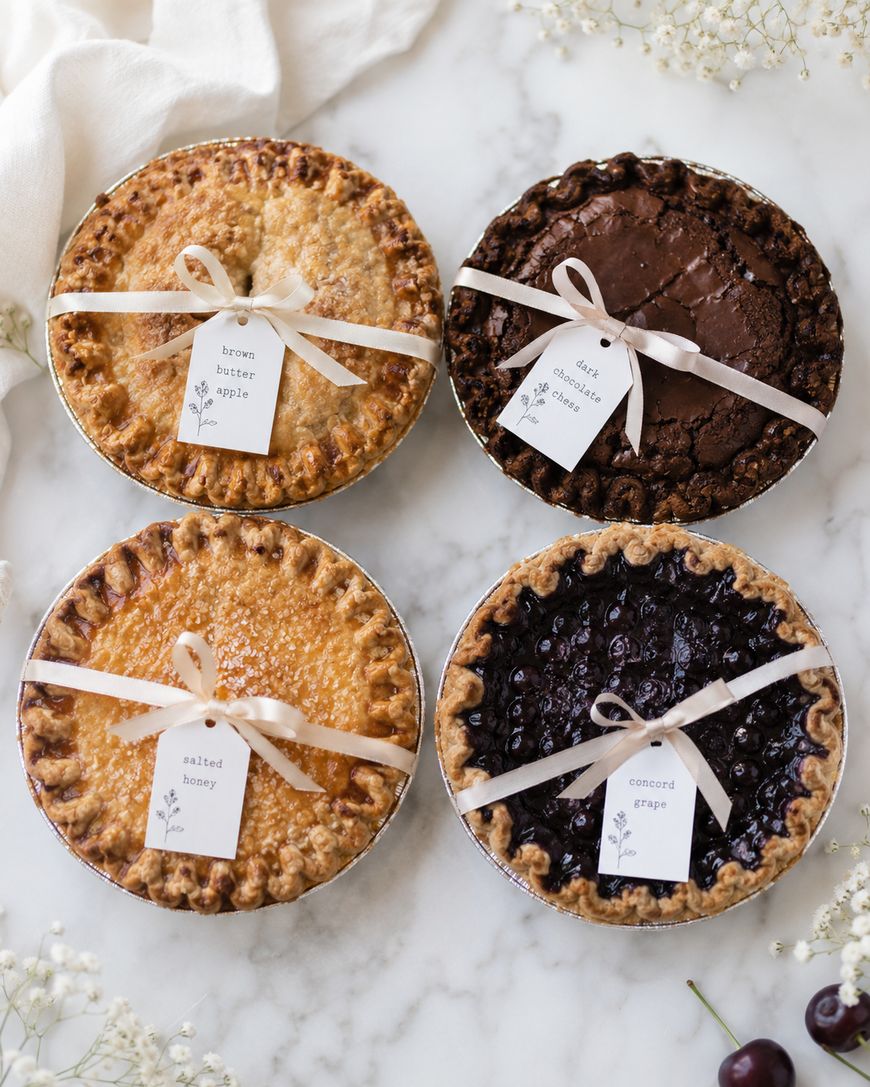 Four small pies on a marble surface, each tied with a white ribbon and labeled: brown butter apple, dark chocolate sea salt, salted honey, and concord grape. Baby’s breath flowers and cherries are nearby.