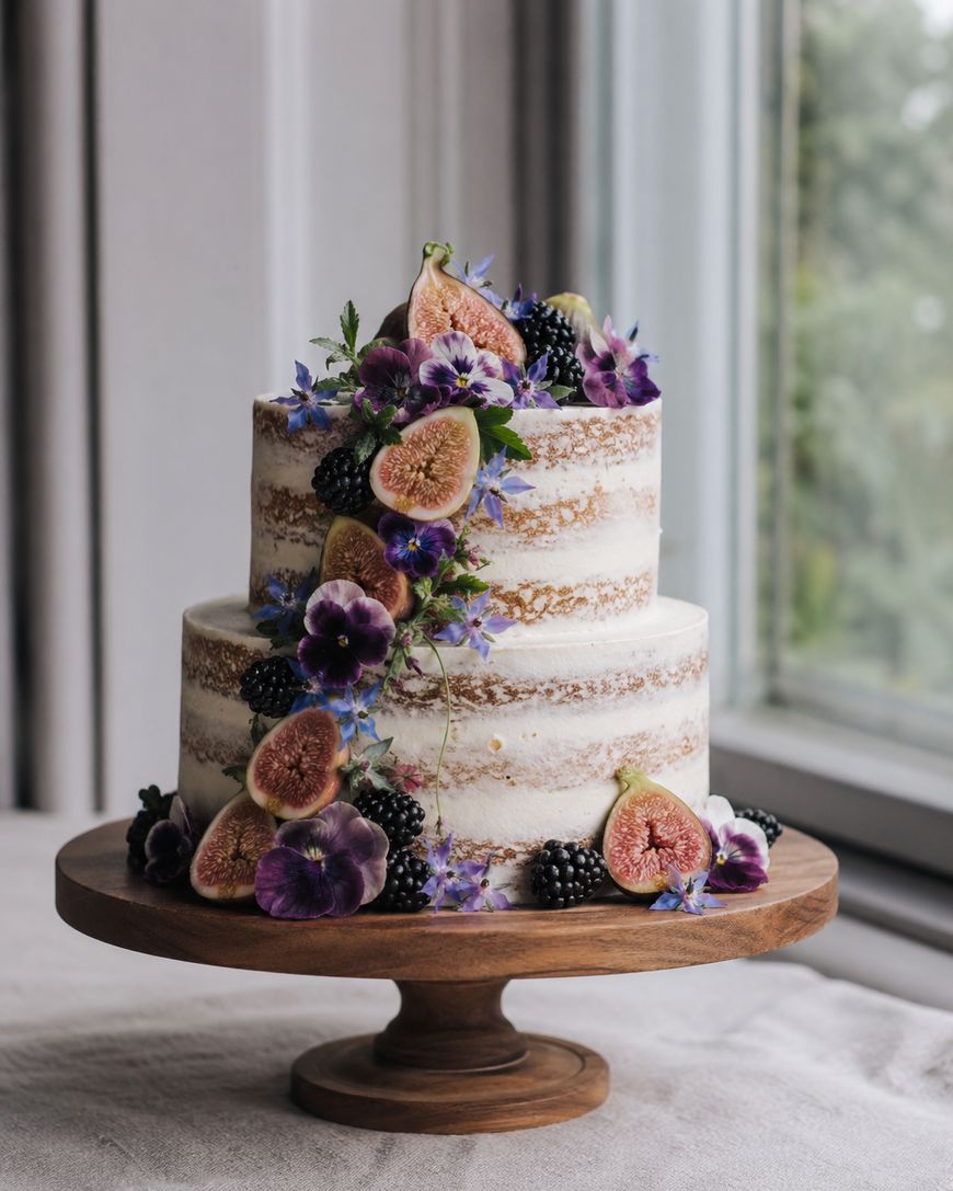A two-tier semi-naked cake on a wooden stand, decorated with purple flowers, figs, and blackberries, sits near a window with natural light coming through.