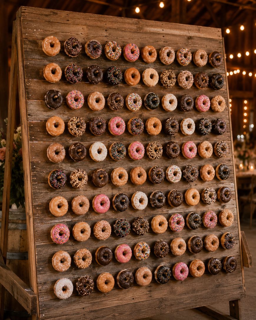 A large wooden display board stands upright, featuring rows of assorted donuts neatly hung on pegs. The donuts vary in flavors and toppings, including chocolate, glazed, and sprinkled. Warm string lights glow in the background.