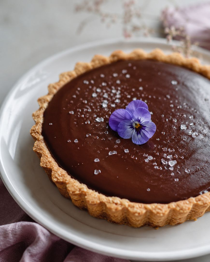 A chocolate tart with a golden crust, topped with flaky sea salt and two purple edible flowers, sits on a white plate.