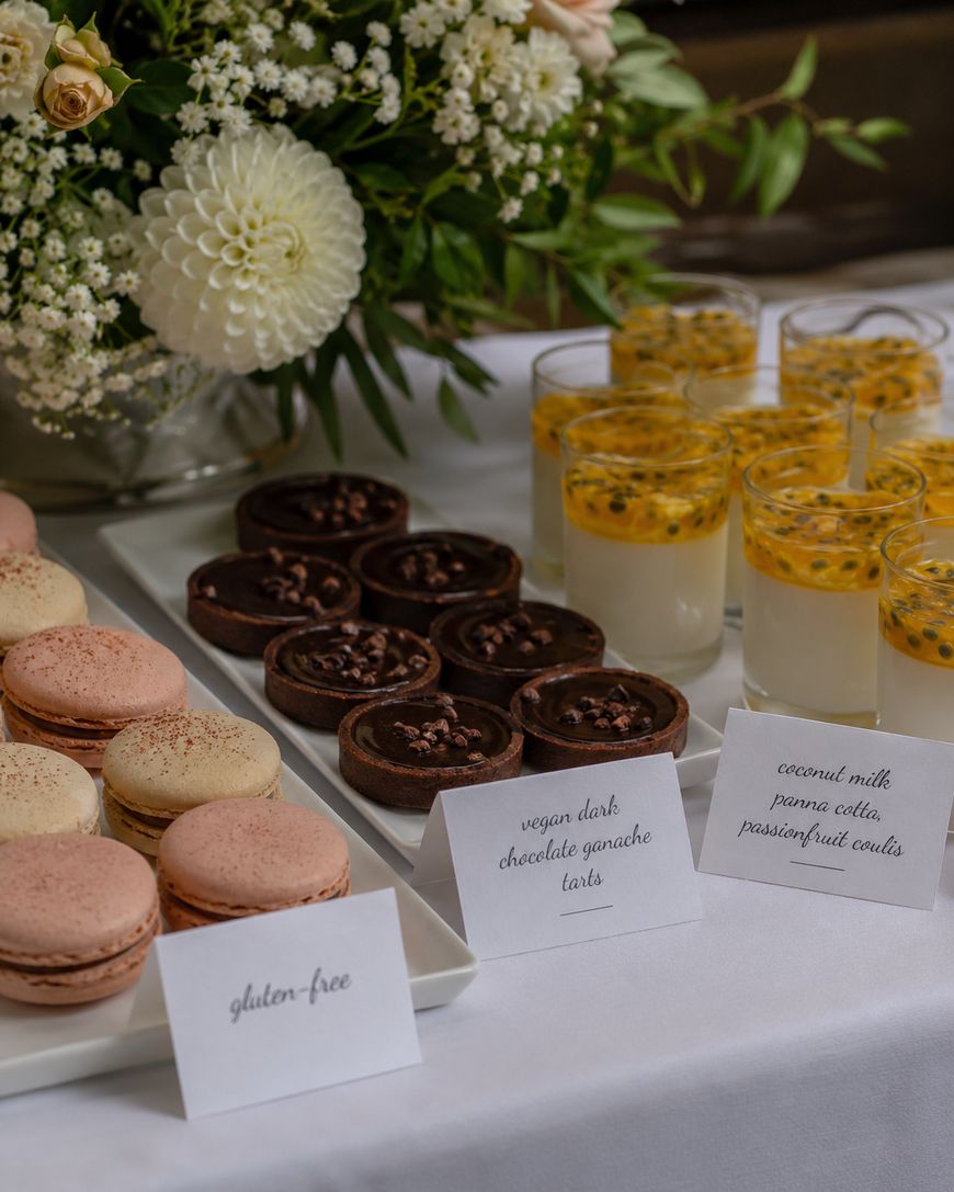 A dessert table with gluten-free macarons, vegan dark chocolate ganache tarts, and coconut milk panna cotta with passionfruit coulis in glasses, next to a white floral arrangement.