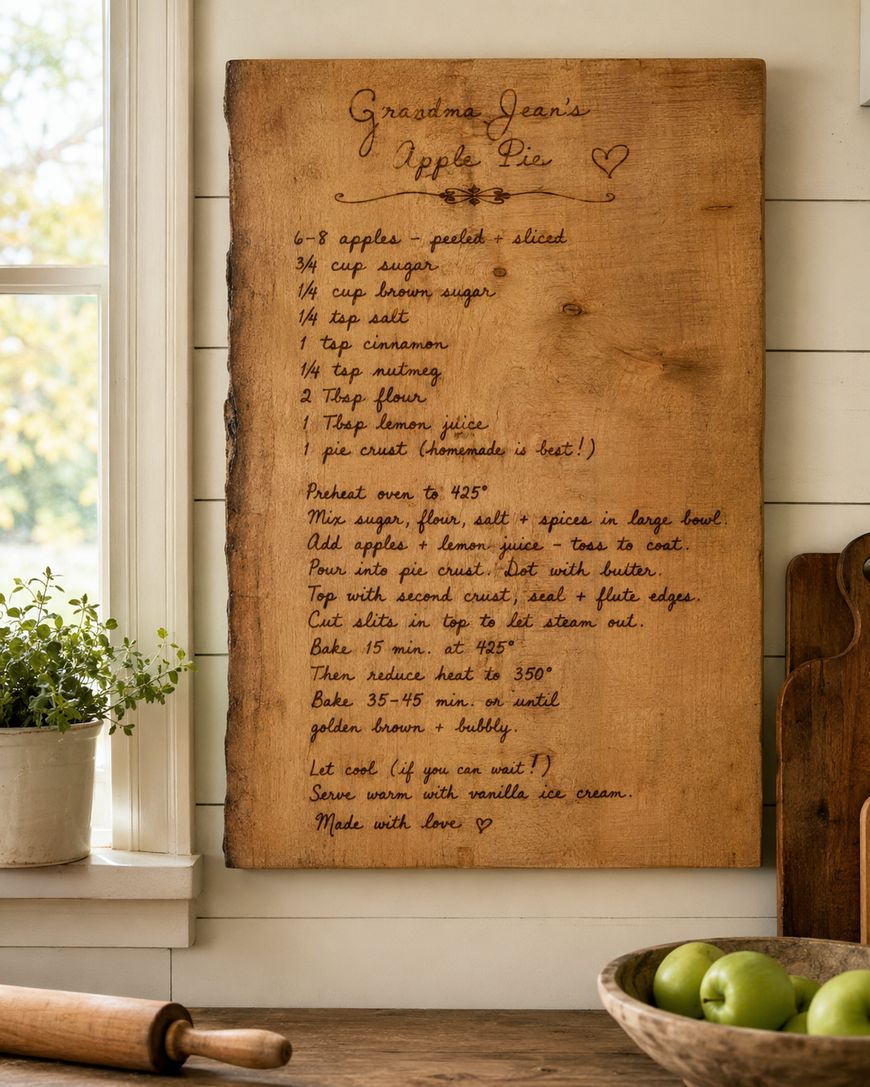 A wooden board with Grandma Jean’s Apple Pie recipe handwritten on it hangs on a white wall. Fresh herbs and apples sit nearby on a kitchen counter, creating a cozy, rustic atmosphere.