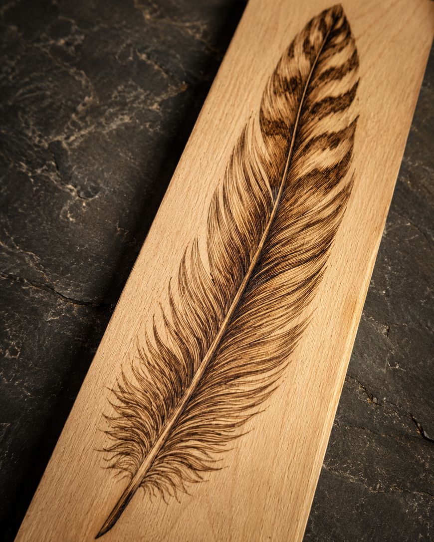 A detailed feather design is pyrographed onto a light wooden plank, showing intricate lines and shading against a dark stone background.