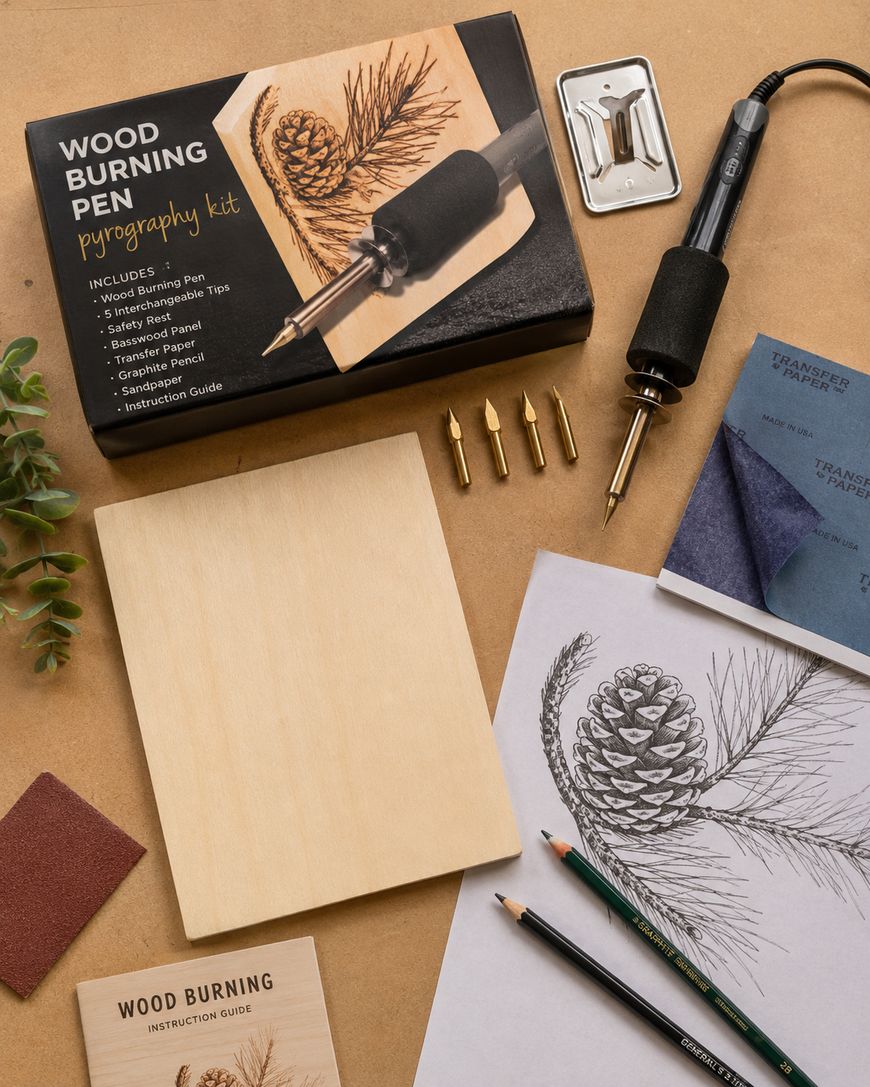 A wood burning pen pyrography kit is displayed with a pen, tips, sandpaper, transfer paper, a wooden board, drawing pencils, instructions, and a pinecone sketch on paper, all laid out on a brown surface.