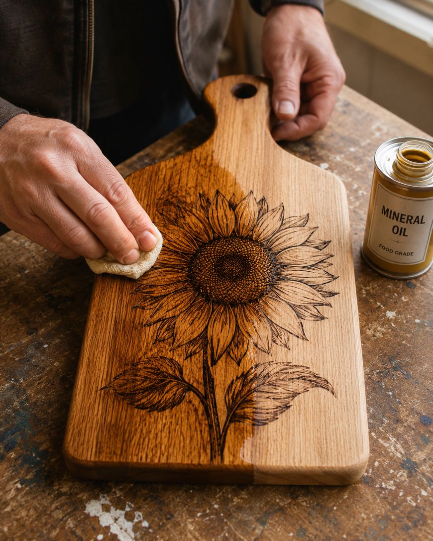 A person rubs mineral oil onto a wooden cutting board engraved with a sunflower design, using a cloth. The cutting board rests on a work surface and a can of mineral oil is nearby.