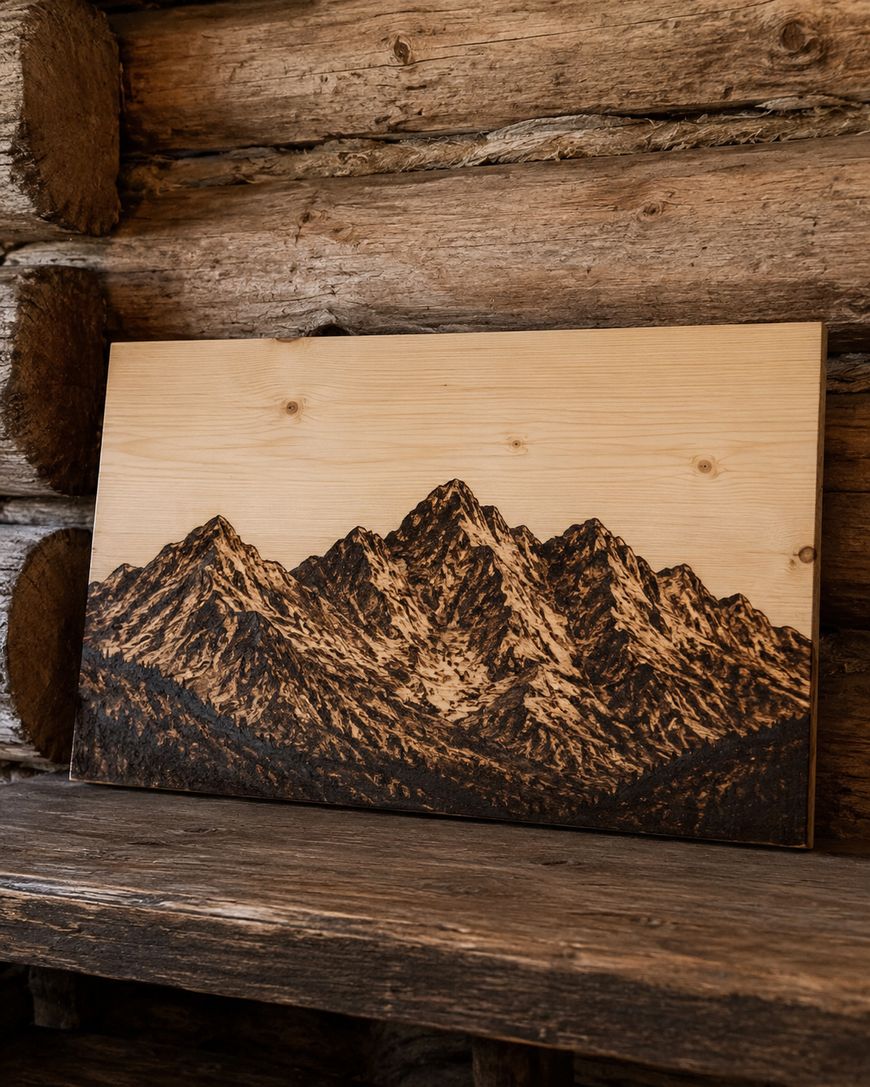 A wooden plaque with a detailed, burnt wood engraving of a mountain range, resting on a rustic wooden shelf against a log cabin wall.