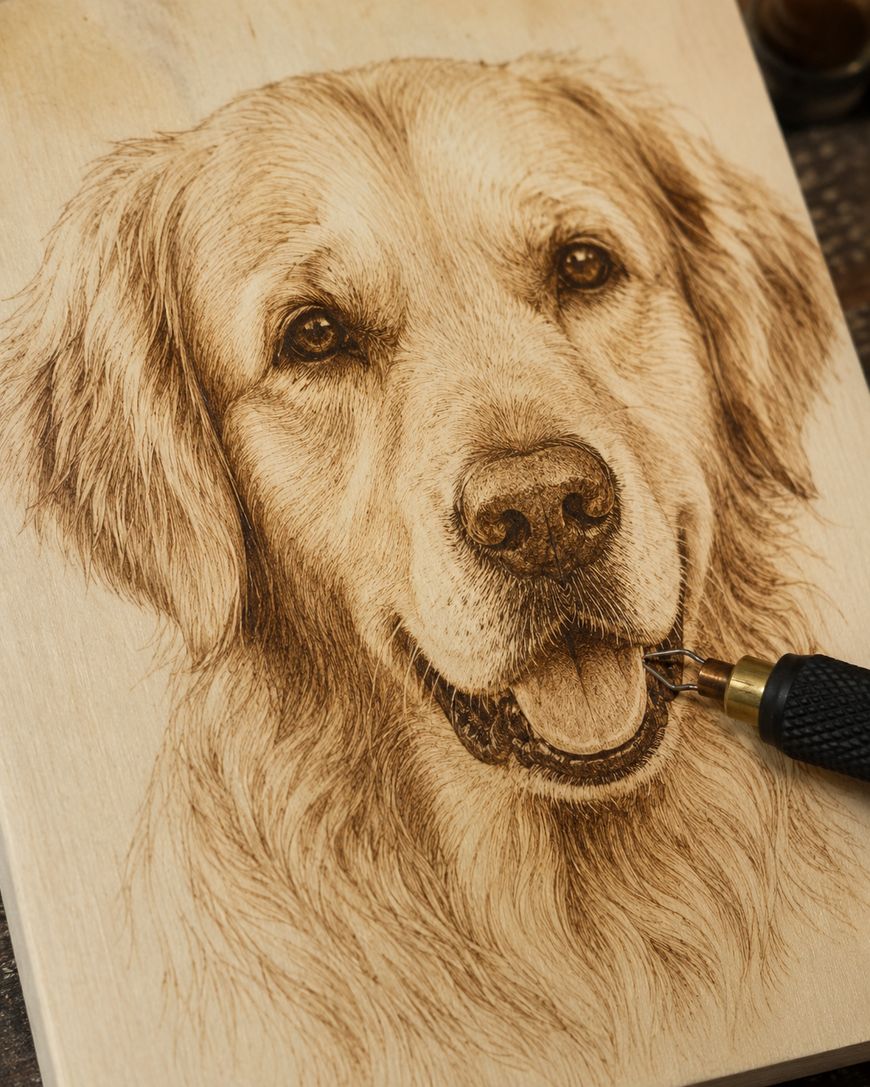 A realistic pyrography artwork of a smiling Golden Retriever’s face being created on wood, with a heated pen tool visible at the bottom right.