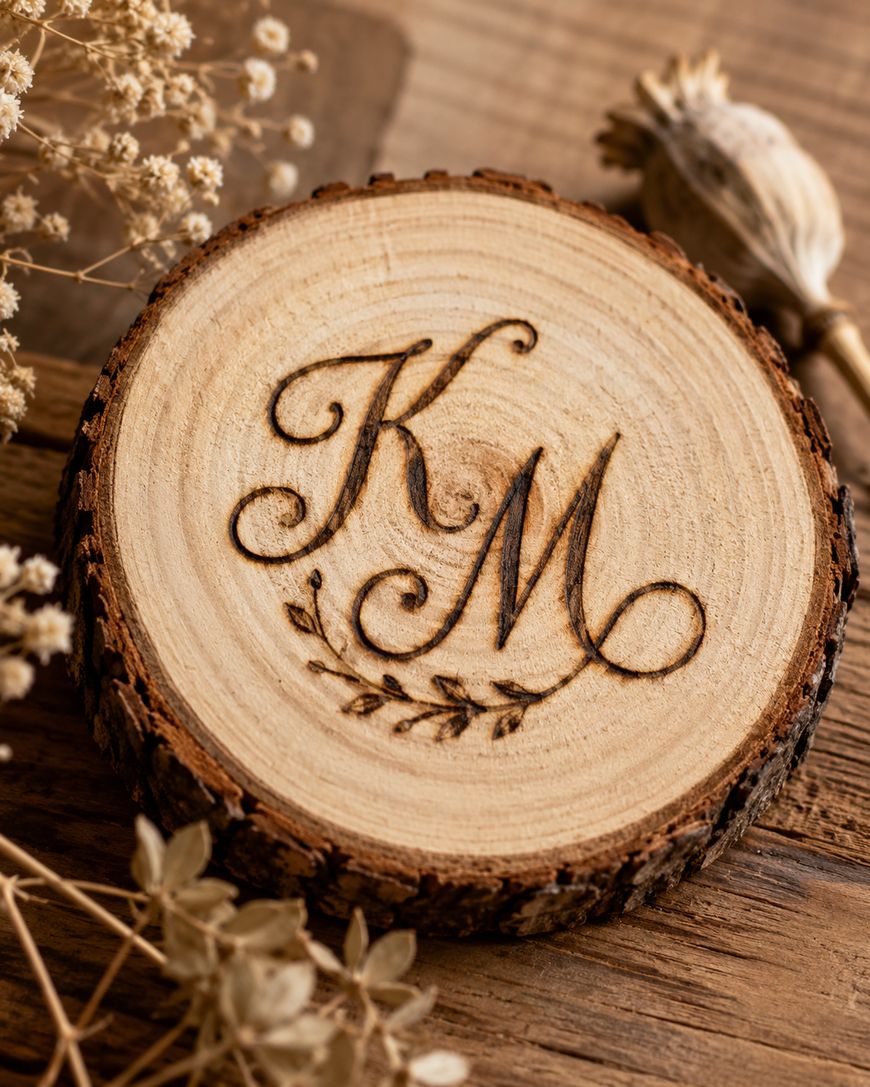 A round wooden slice with the initials KM and a small leaf design engraved on its surface, surrounded by dried flowers on a rustic wooden table.