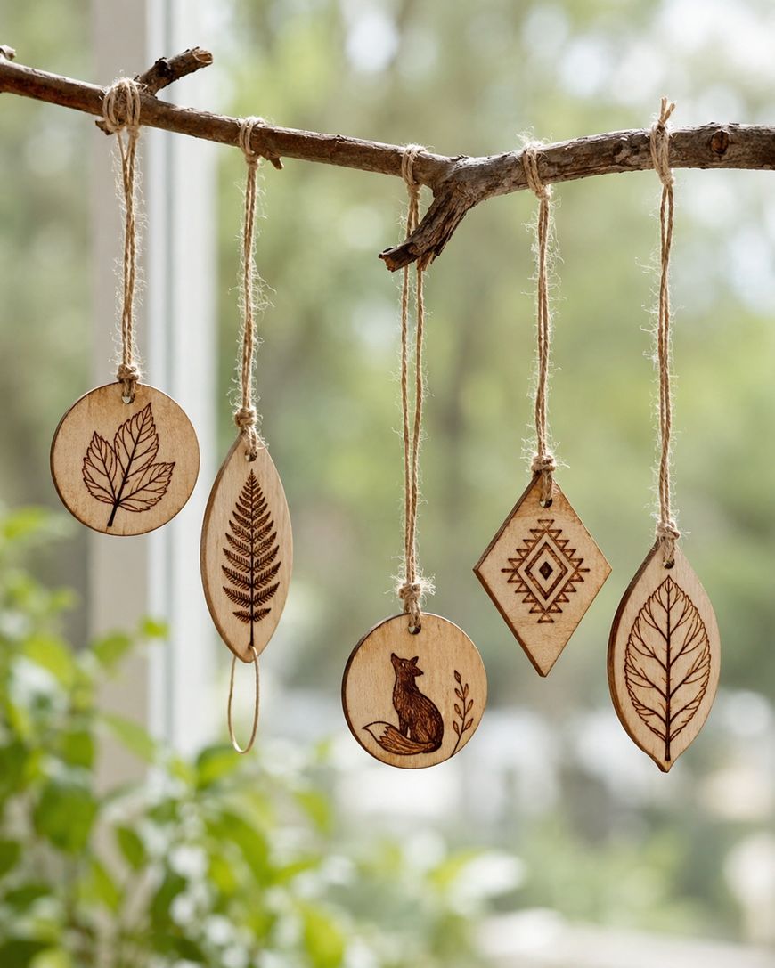 Five wooden ornaments with burned designs—leaves, geometric pattern, and a fox—hang from a twig by twine, displayed indoors with plants and a bright window in the background.