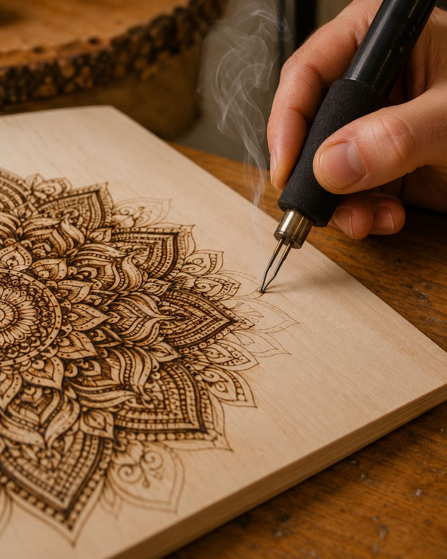 A hand uses a pyrography tool to burn an intricate mandala pattern onto a light wooden board, with smoke rising from the heated tip.