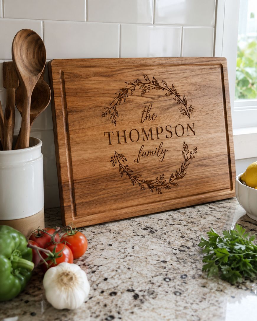 A personalized wooden cutting board engraved with the THOMPSON family surrounded by a leafy wreath sits on a kitchen counter near fresh vegetables, herbs, lemons, and a container of wooden utensils.