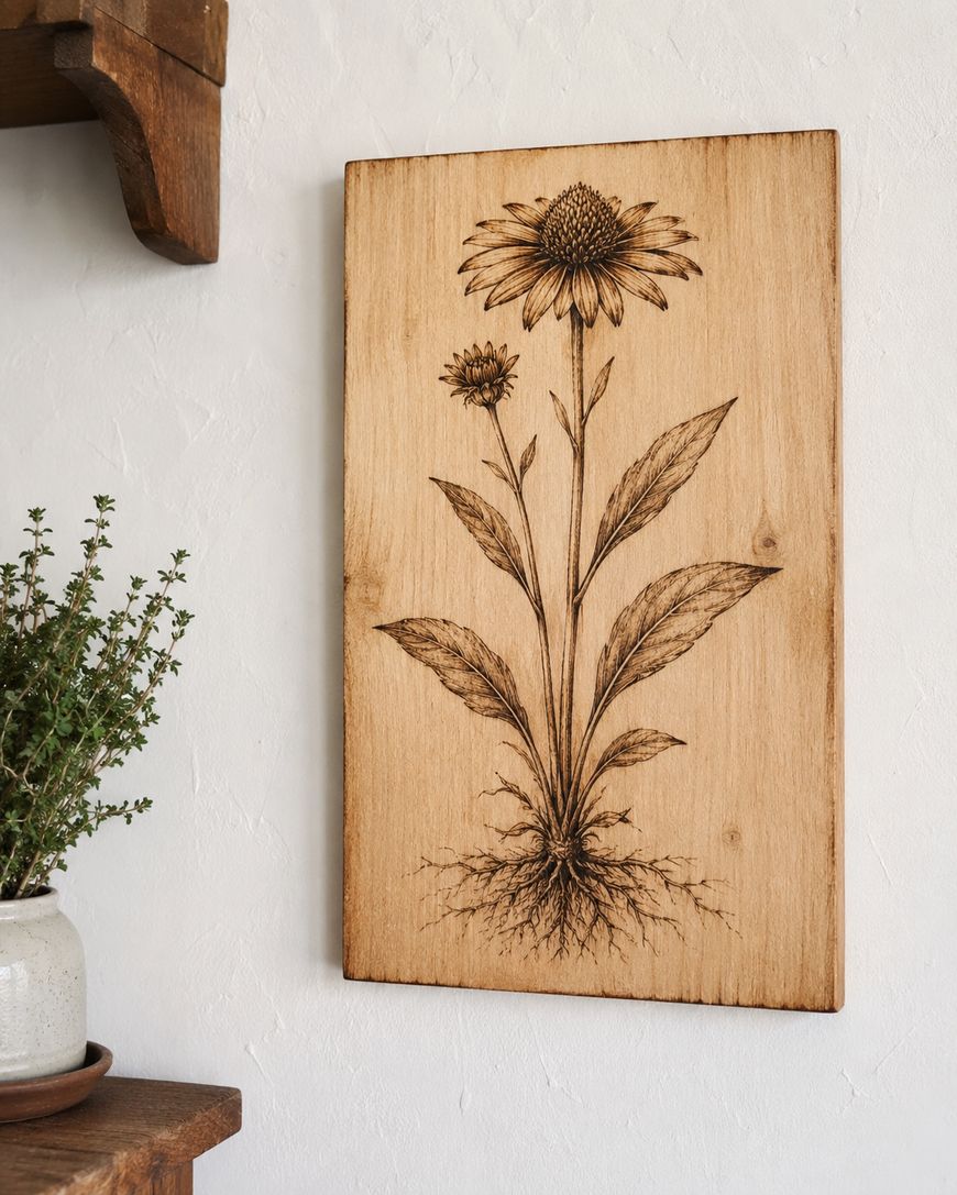 A wooden plaque with a detailed botanical illustration of a coneflower, including roots, stem, leaves, and blossoms, is mounted on a white wall next to a small potted herb plant on a wooden shelf.