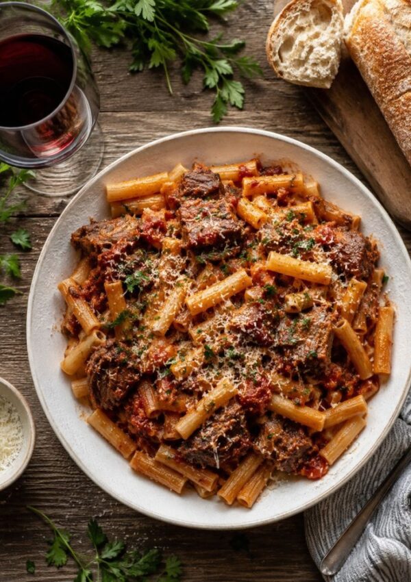 A plate of rigatoni pasta with shredded beef in tomato sauce, topped with grated cheese and parsley, sits on a wooden table beside a glass of red wine—perfect inspiration for ziti recipes or other classic pasta recipes.