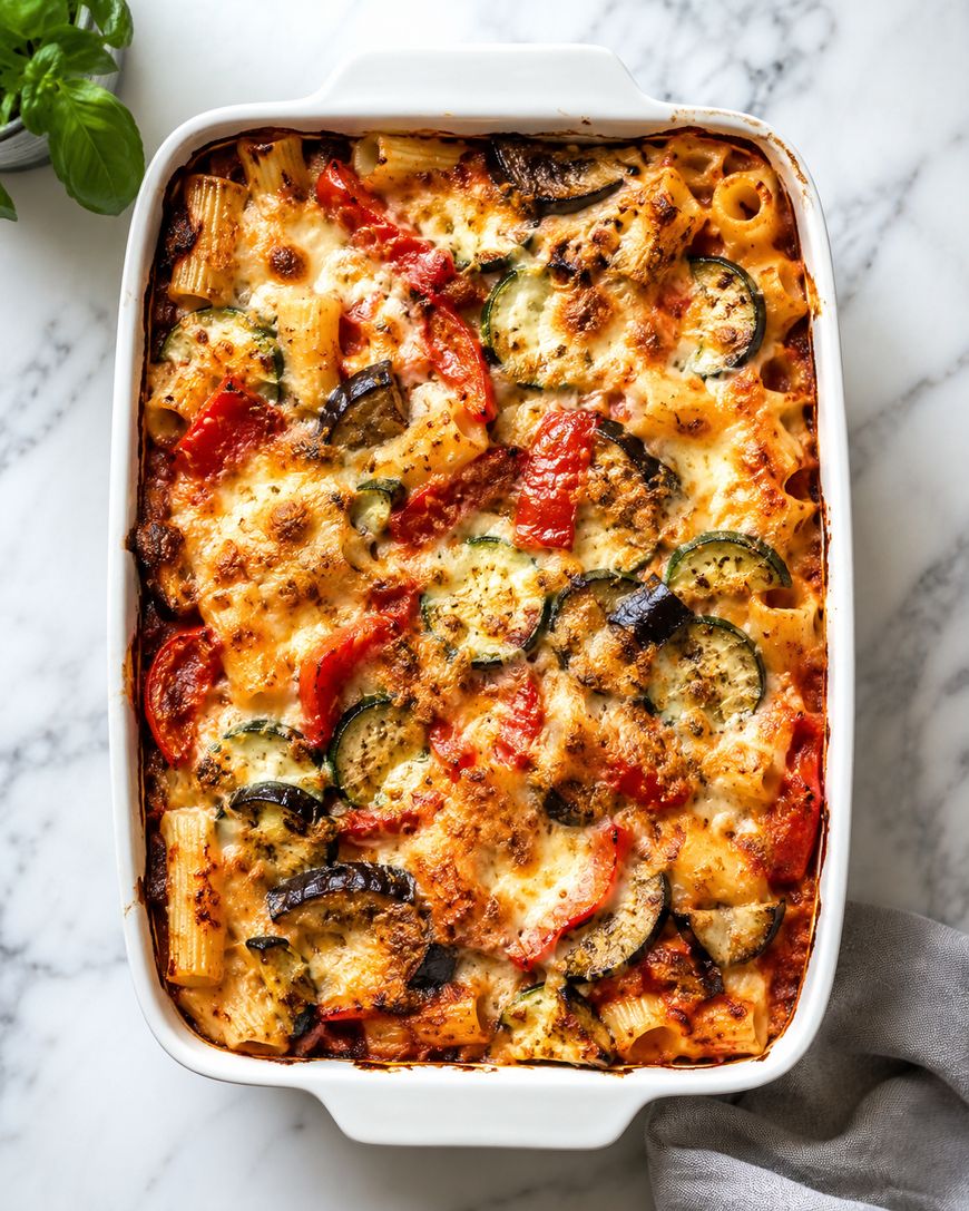 A baked pasta casserole in a white dish, topped with melted cheese, roasted zucchini, eggplant, and red bell peppers, placed on a marble surface with a basil plant in the background.