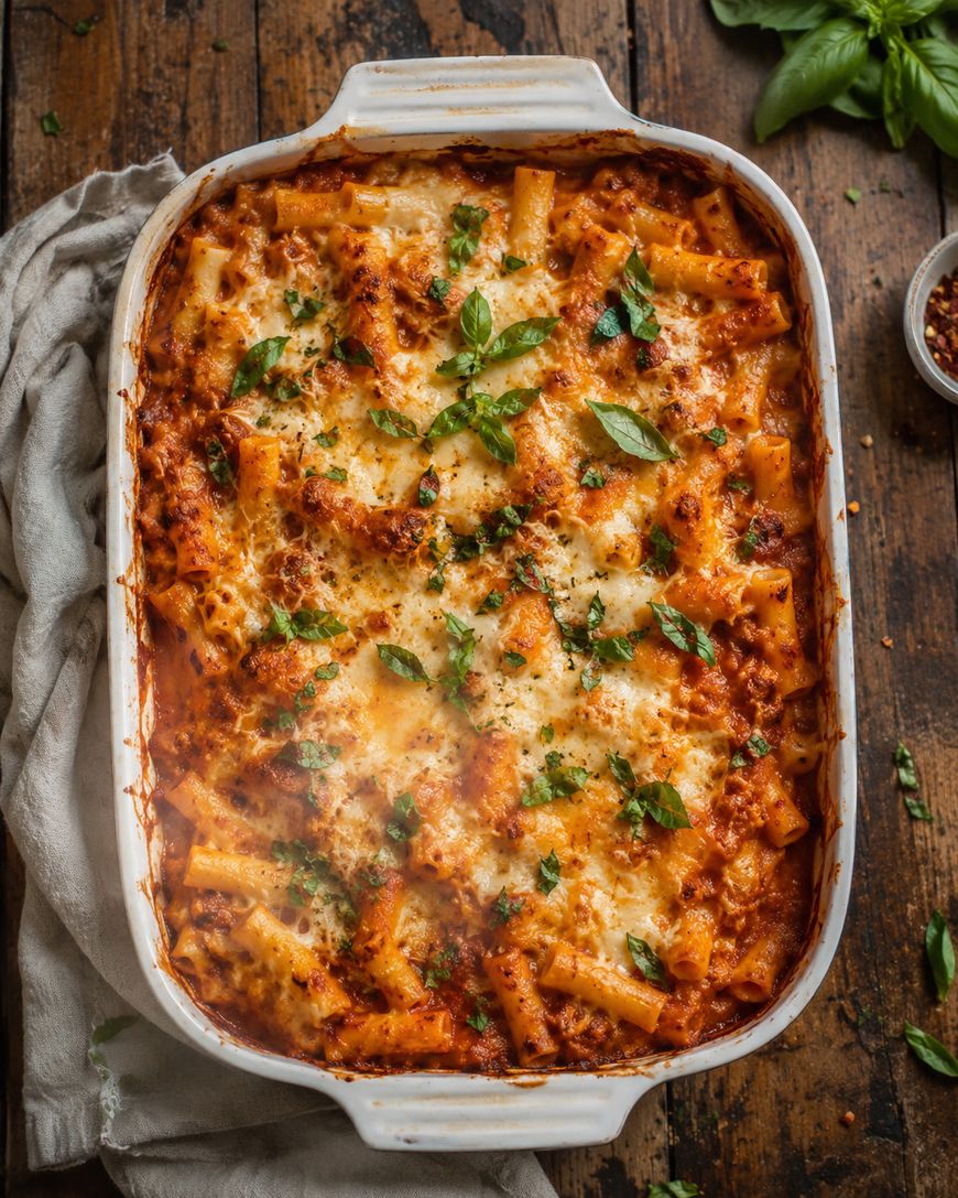 A baked pasta casserole topped with melted cheese and fresh basil leaves, served in a white rectangular dish on a rustic wooden table with a beige napkin.