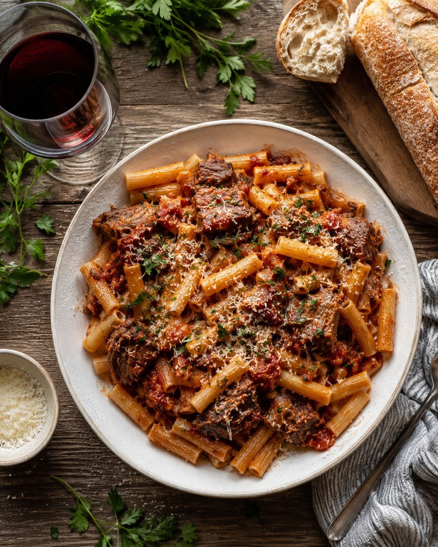 A plate of rigatoni pasta with shredded beef in tomato sauce, topped with grated cheese and parsley, sits on a wooden table with a glass of red wine, a loaf of bread, and a bowl of grated cheese nearby.
