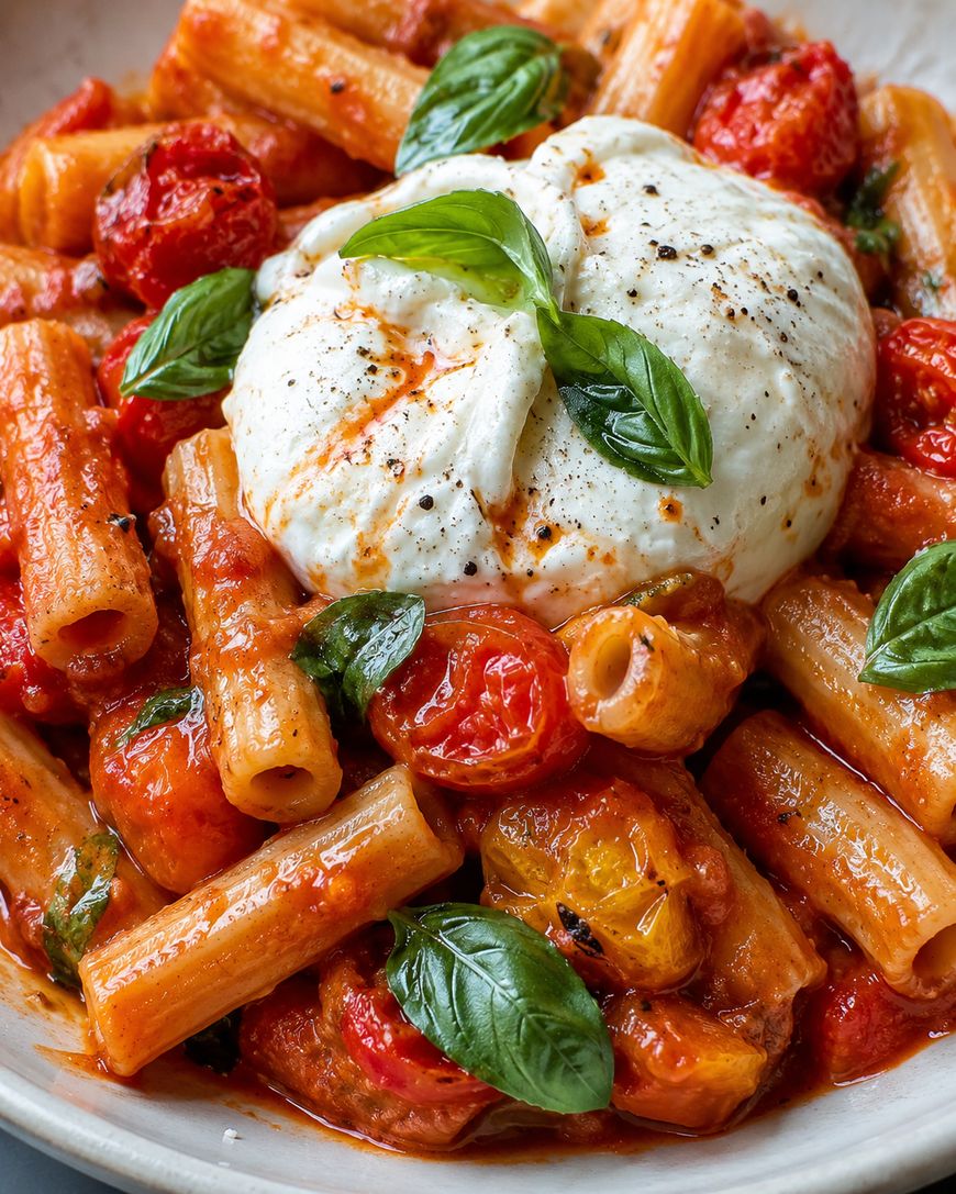 A close-up of rigatoni pasta with roasted cherry tomatoes, fresh basil leaves, and a large ball of burrata cheese, all topped with cracked black pepper and a drizzle of olive oil.