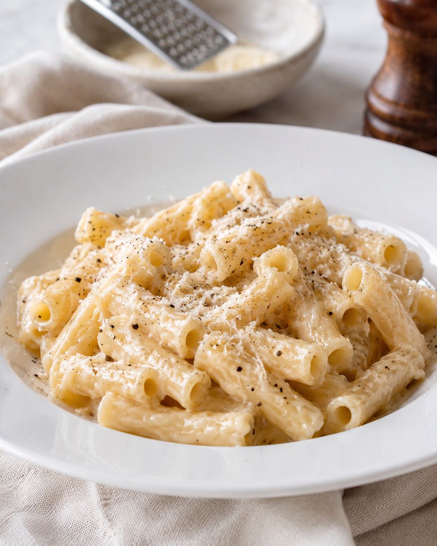 A white plate of creamy rigatoni pasta topped with grated cheese and cracked black pepper, with a cheese grater and pepper mill in the background.