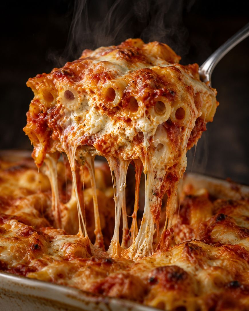 A close-up of cheesy baked ziti being lifted from a casserole dish, with melted cheese stretching and steam rising from the hot, golden-browned pasta.