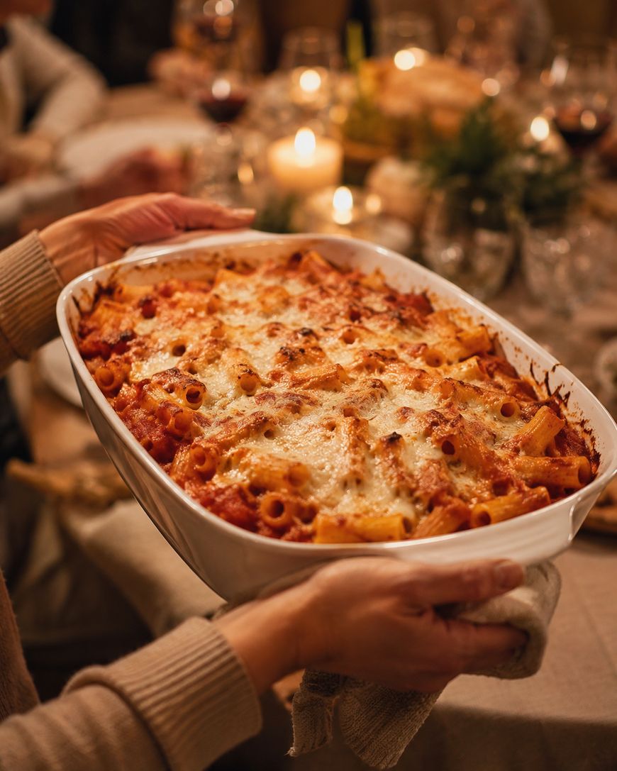 A person holds a large white dish of baked pasta with melted cheese on top, surrounded by a warmly lit, festive dining table set with candles, glasses, and plates.