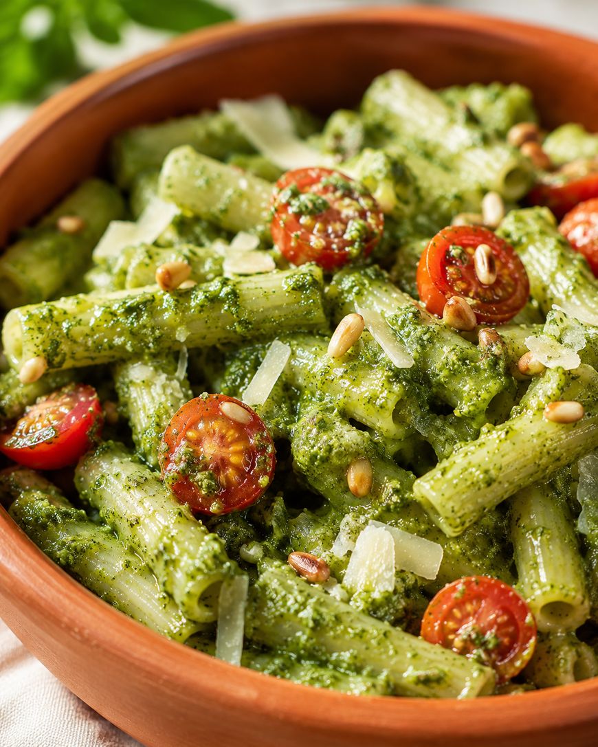 Close-up of a bowl of pasta with green pesto sauce, topped with halved cherry tomatoes, pine nuts, and shaved parmesan cheese. The dish is served in a brown bowl.