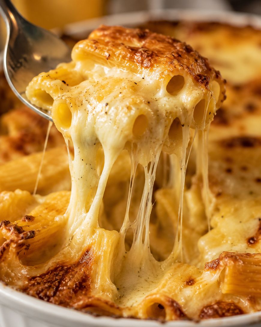 A close-up of baked rigatoni pasta covered in melted, golden-brown cheese, with a spoon lifting a cheesy, gooey portion from the dish.