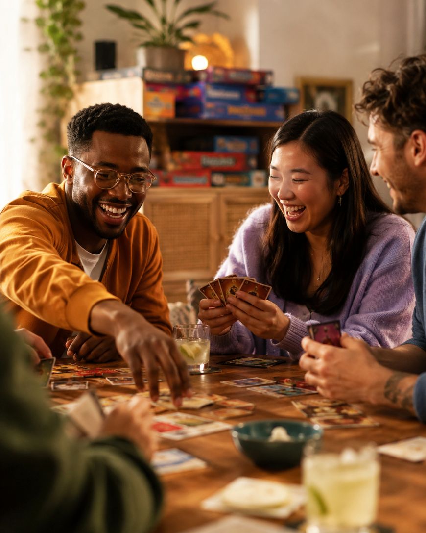 Four friends sit around a table, smiling and laughing while playing a card game. Drinks and snacks are on the table, and board games are stacked in the background, creating a cozy, lively atmosphere.