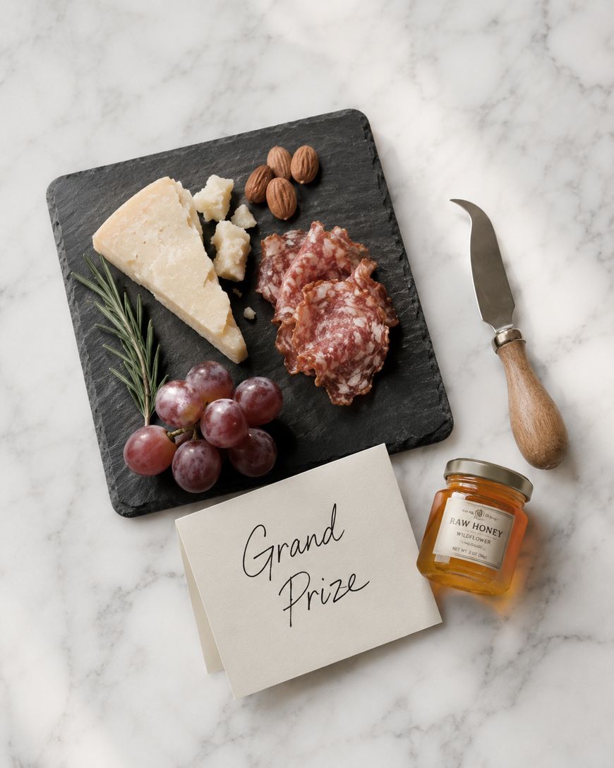 A slate board with cheese, salami slices, grapes, nuts, and rosemary sits on a marble surface next to a cheese knife, a jar of raw honey, and a card labeled Grand Prize.