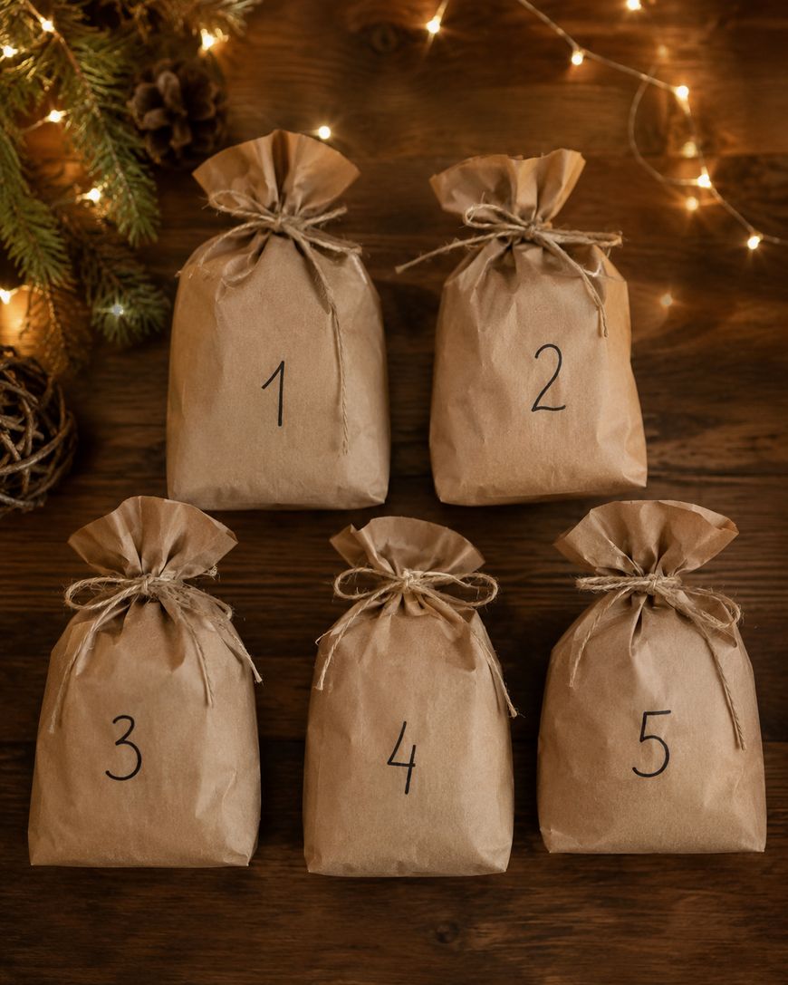 Five brown paper gift bags numbered 1 to 5, tied with twine, are arranged on a wooden surface with pine branches, pinecones, and warm string lights in the background.