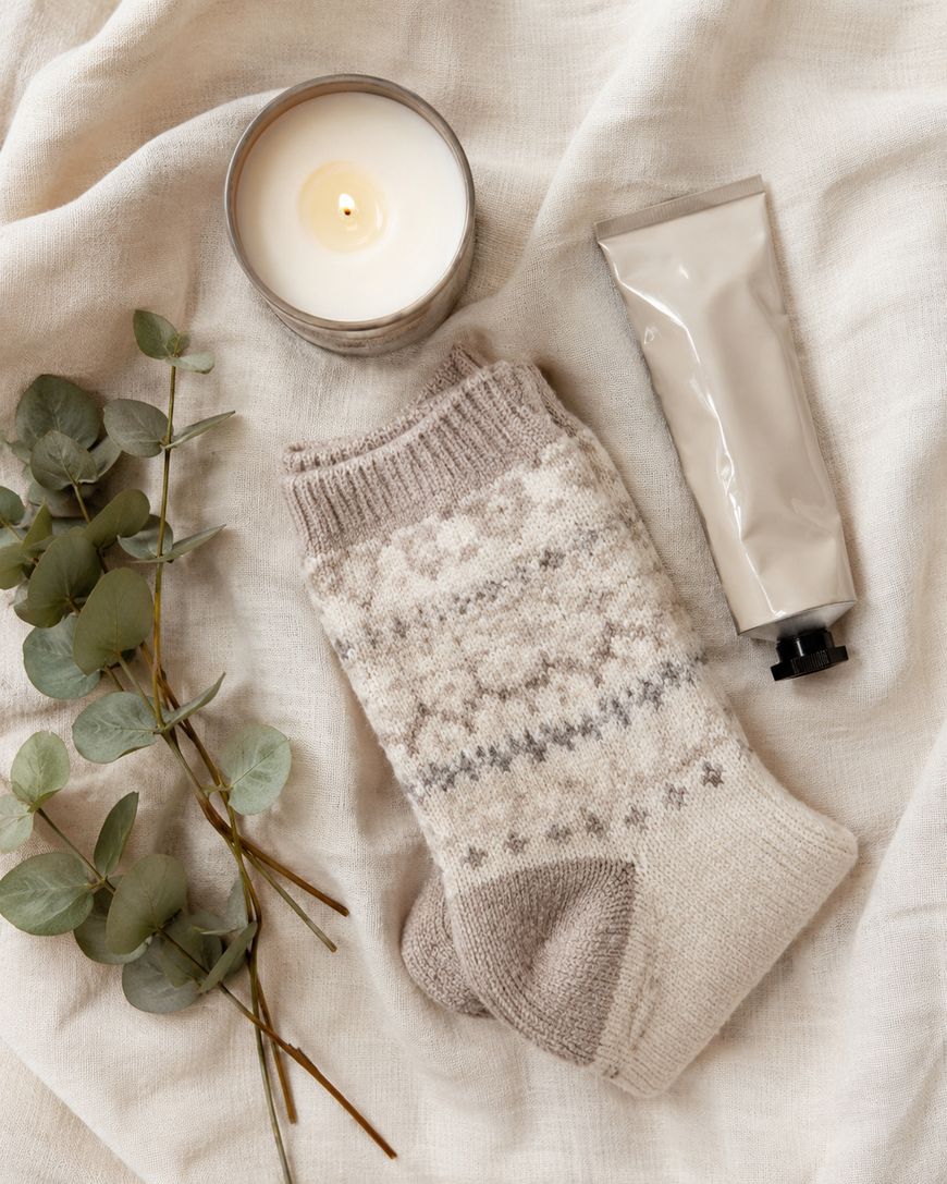 A cozy flat lay featuring patterned wool socks, a lit candle, a silver tube of lotion, and eucalyptus sprigs arranged on a soft beige fabric background.