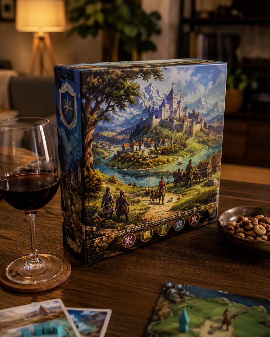 A fantasy board game box showing a castle and mountains sits on a wooden table next to a glass of red wine, a bowl of nuts, and some game cards, with a cozy living room in the background.