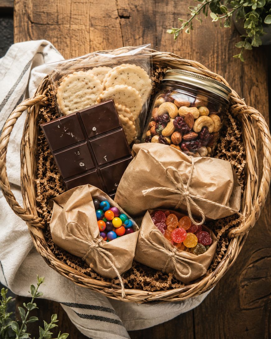 A wicker basket filled with chocolate bars, crackers in plastic wrap, a jar of mixed nuts, colorful candy-coated chocolates, and assorted fruit gummies, all wrapped in brown paper and tied with string.