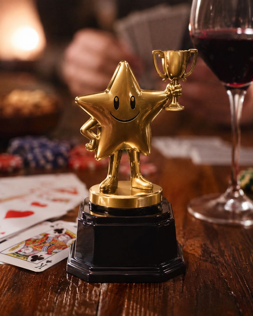 A gold star-shaped trophy with a smiling face holds a small gold cup on a wooden table, surrounded by playing cards, poker chips, and a glass of red wine.