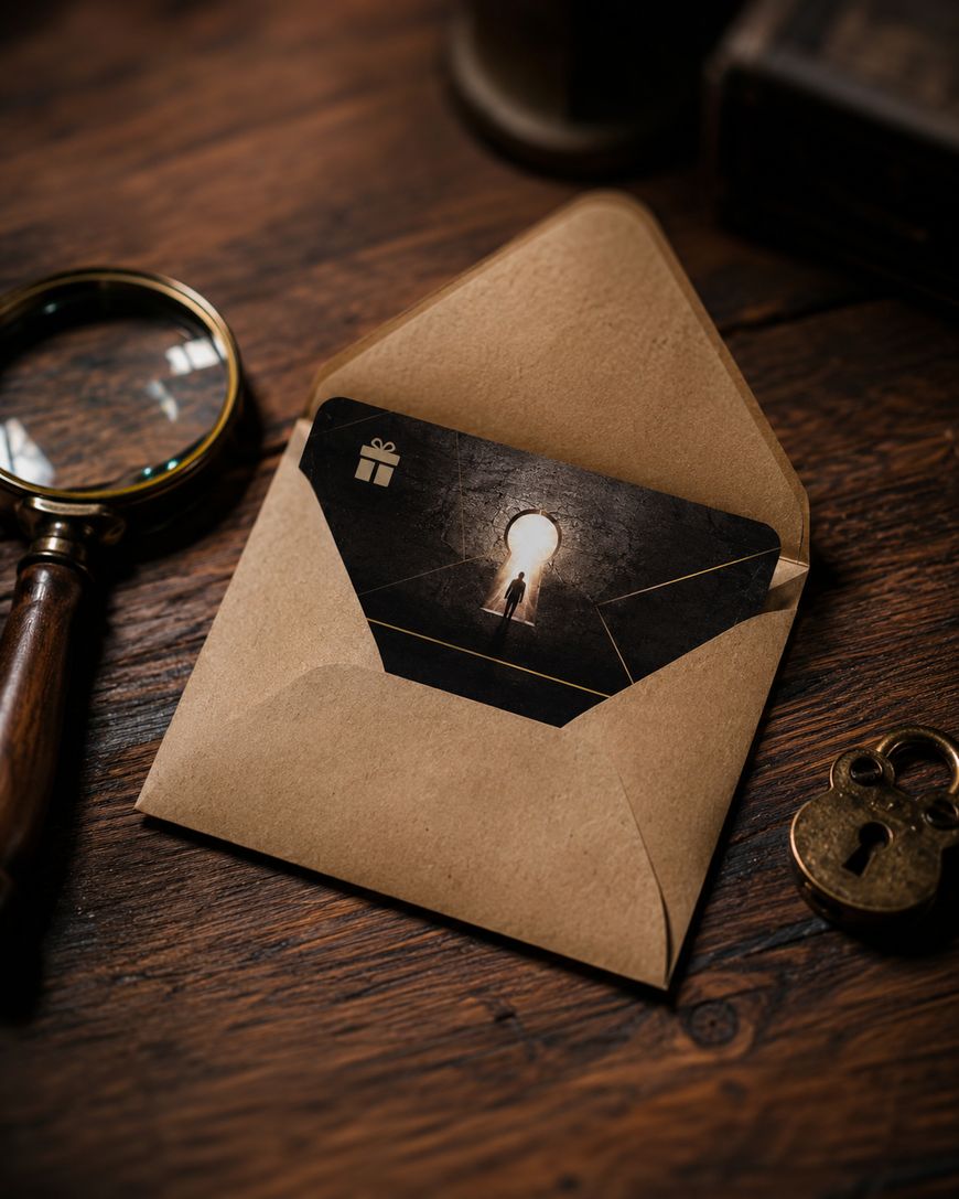 A gift card with a keyhole design sits inside a brown envelope on a wooden table, next to a magnifying glass and a vintage padlock.