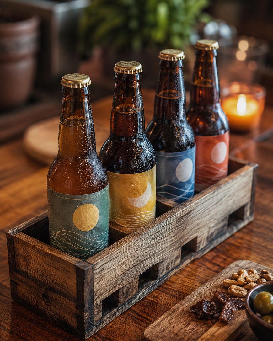 Four craft beer bottles with colorful, nature-themed labels sit in a rustic wooden crate on a wooden table, next to a candle and a small serving board with nuts and dried snacks.