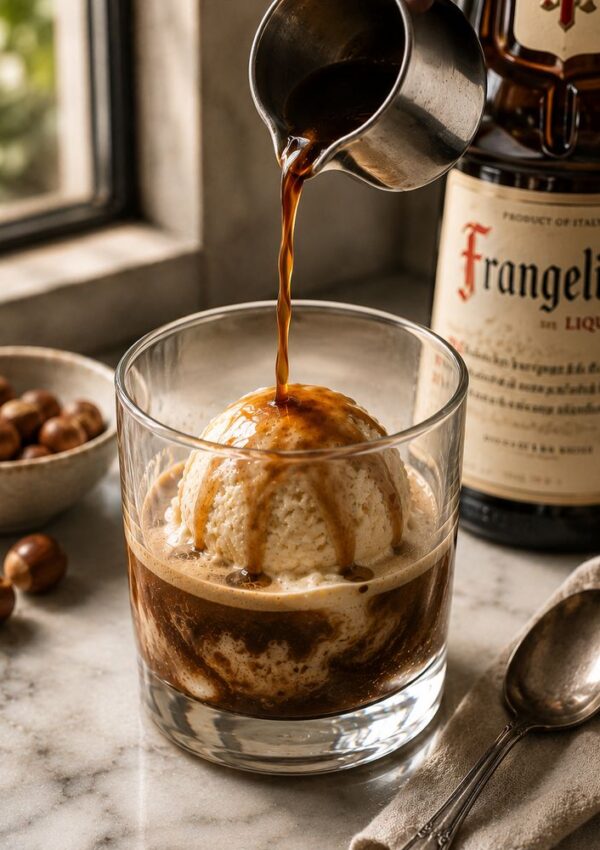 A close-up of a glass with a scoop of vanilla ice cream as espresso is poured over it, creating an irresistible affogato coffee recipe. A bottle of Frangelico liqueur, hazelnuts, and a spoon sit nearby on a marble surface by a window.