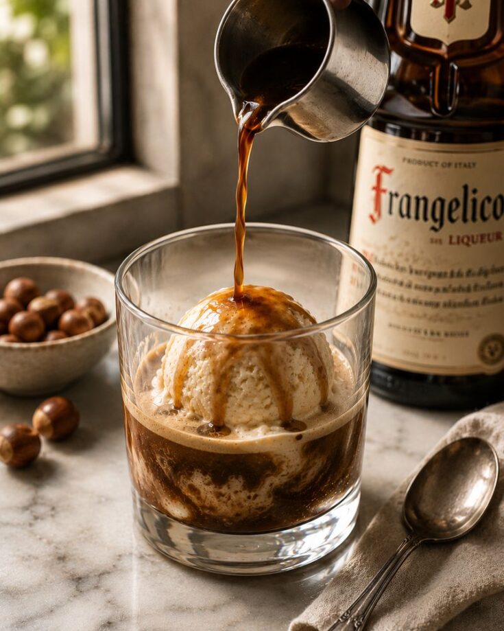 A close-up of a glass with a scoop of vanilla ice cream as espresso is poured over it, creating an irresistible affogato coffee recipe. A bottle of Frangelico liqueur, hazelnuts, and a spoon sit nearby on a marble surface by a window.