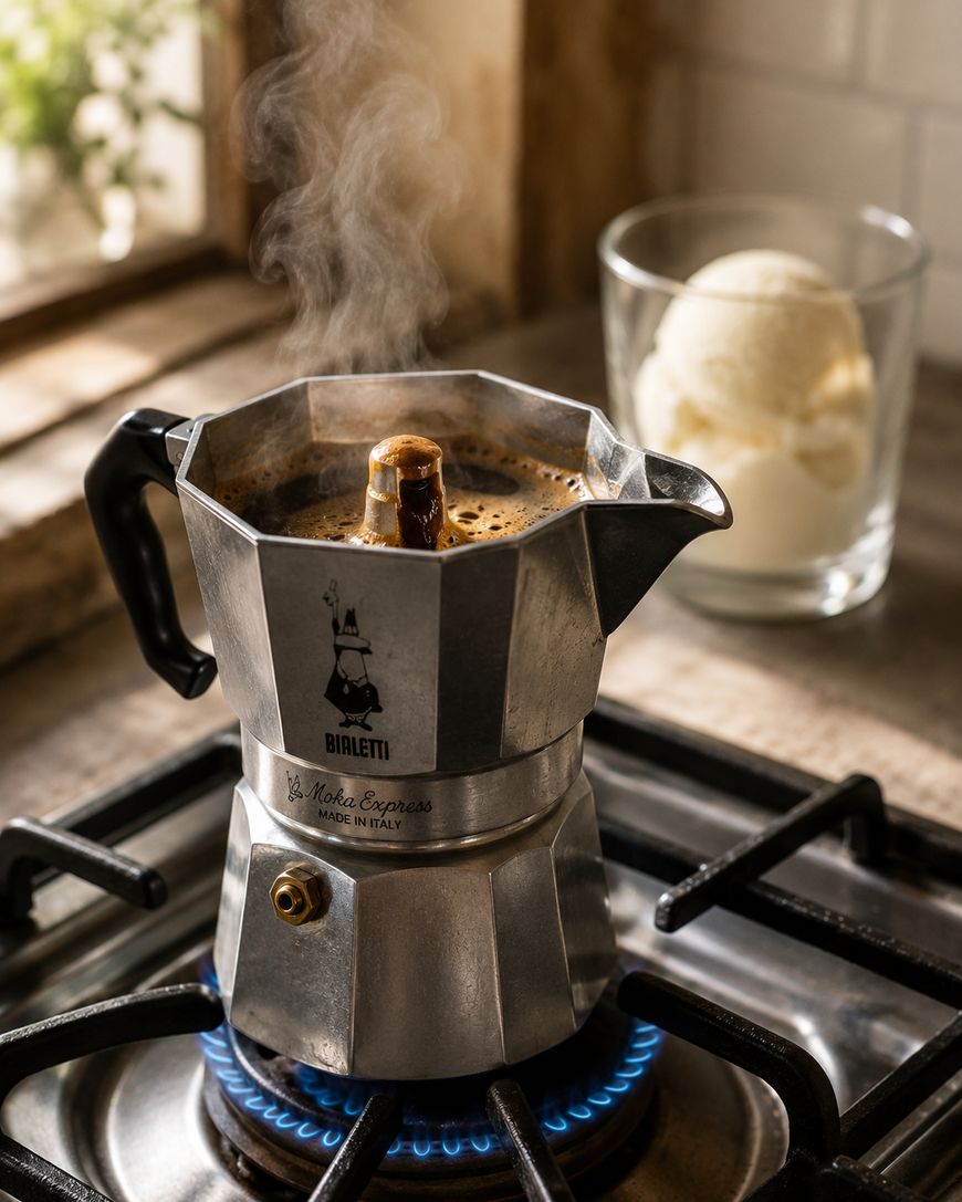 A moka pot brews coffee on a gas stove, with steam rising from the spout. In the background, a glass holds a scoop of vanilla ice cream on a wooden countertop near a window.