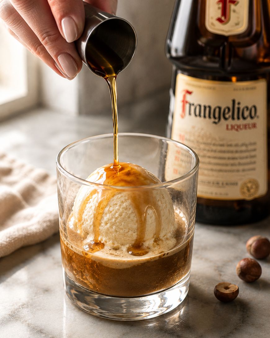 A hand pours a dark liquid from a small cup over a scoop of vanilla ice cream in a glass, with a bottle of Frangelico liqueur and hazelnuts nearby on a marble surface.
