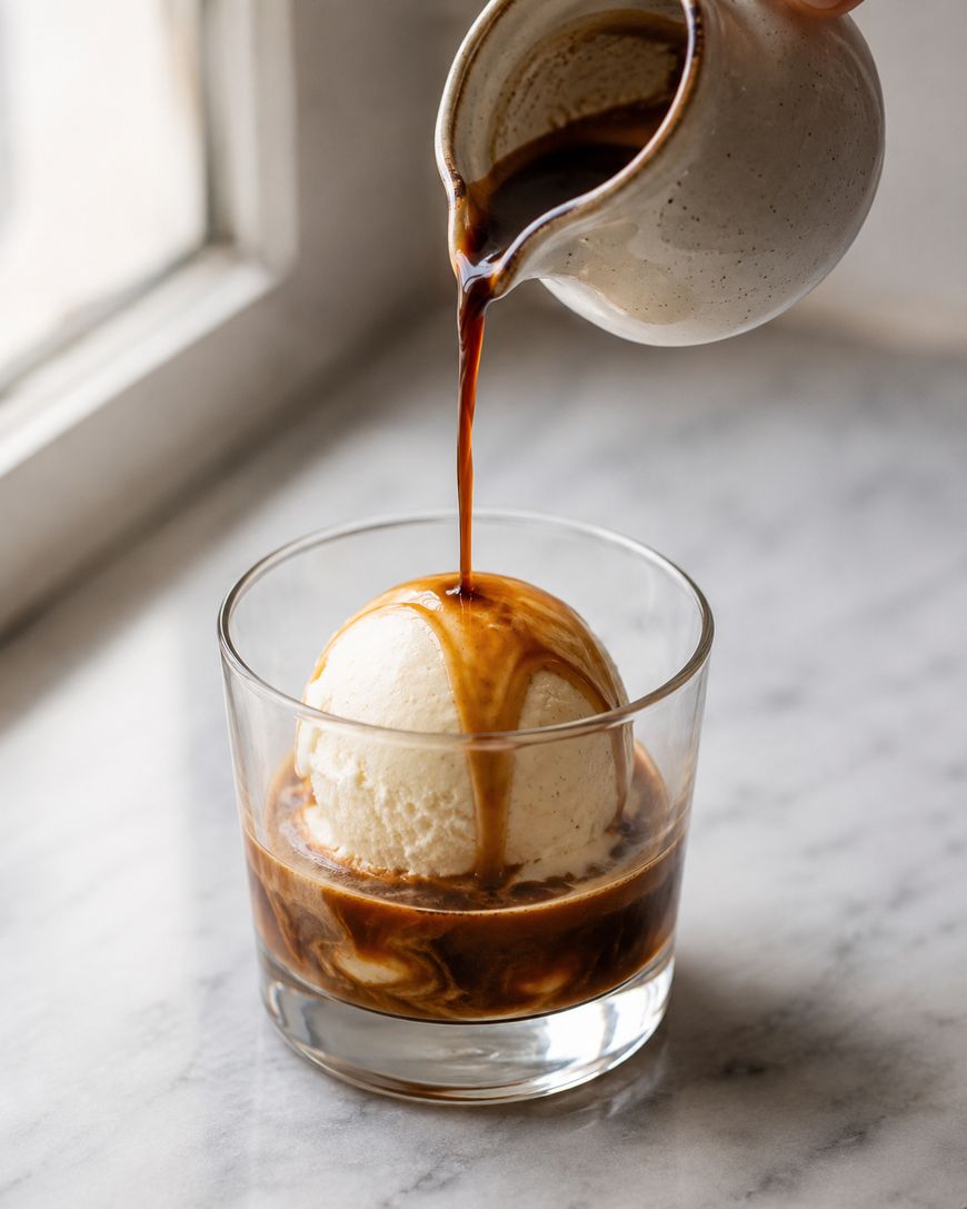A hand pours espresso from a small white pitcher over a scoop of vanilla ice cream in a glass, creating an affogato dessert on a marble surface by a window.