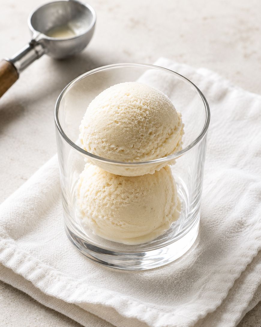 Two scoops of vanilla ice cream in a clear glass cup sit on a folded white cloth napkin, with a metal ice cream scooper in the background on a light-colored surface.