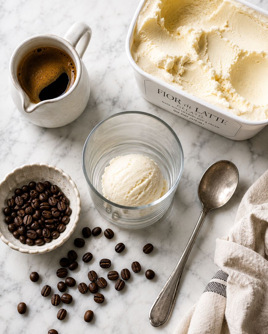 A glass with a scoop of vanilla gelato, a tub of gelato, a small pitcher of espresso, a bowl of coffee beans, a spoon, and a cloth napkin are arranged on a marble surface.