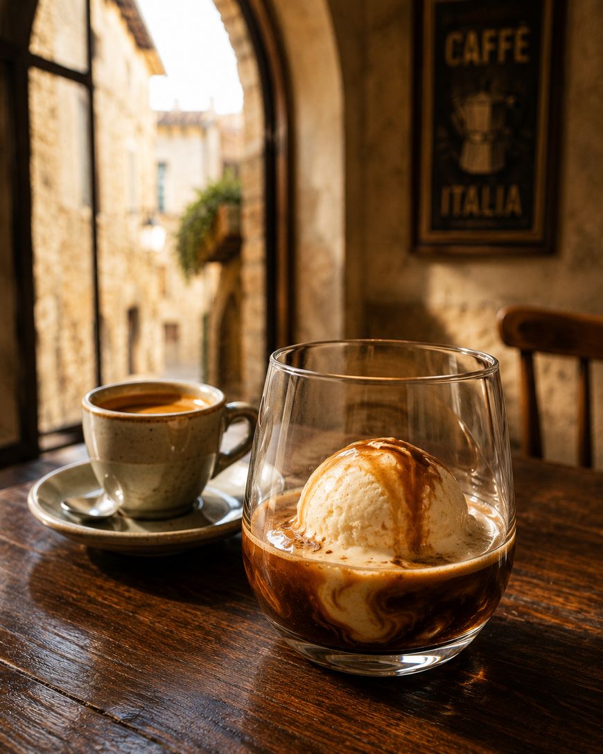 A glass of affogato with vanilla ice cream and espresso sits on a wooden table next to a cup of coffee, with sunlight streaming through a large arched window in a rustic café.