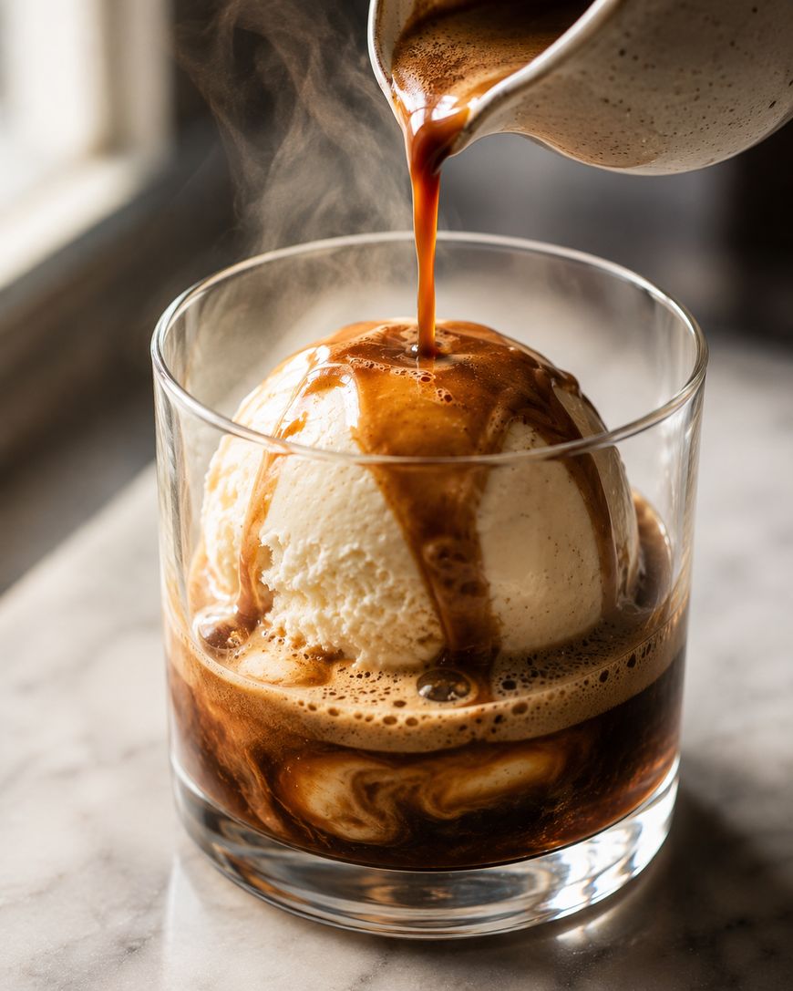 A scoop of vanilla ice cream in a glass with hot espresso being poured over it, creating a swirling, steaming affogato dessert on a marble surface.