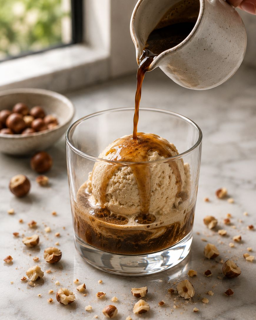 A hand pours espresso from a small jug over a scoop of vanilla ice cream in a glass, creating an affogato. Crushed hazelnuts are scattered on the marble surface nearby.