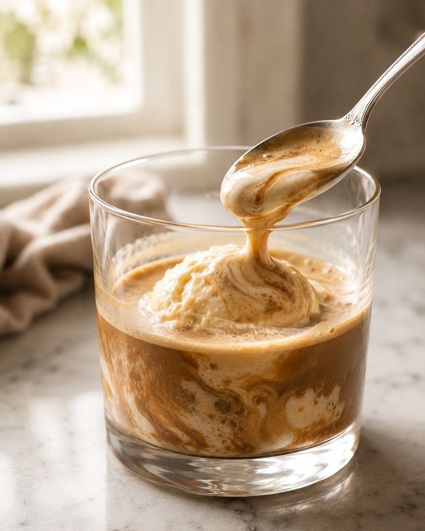 A spoon drizzles espresso over a scoop of vanilla ice cream in a glass, creating an affogato. The glass sits on a marble surface by a window, with a beige cloth in the background.