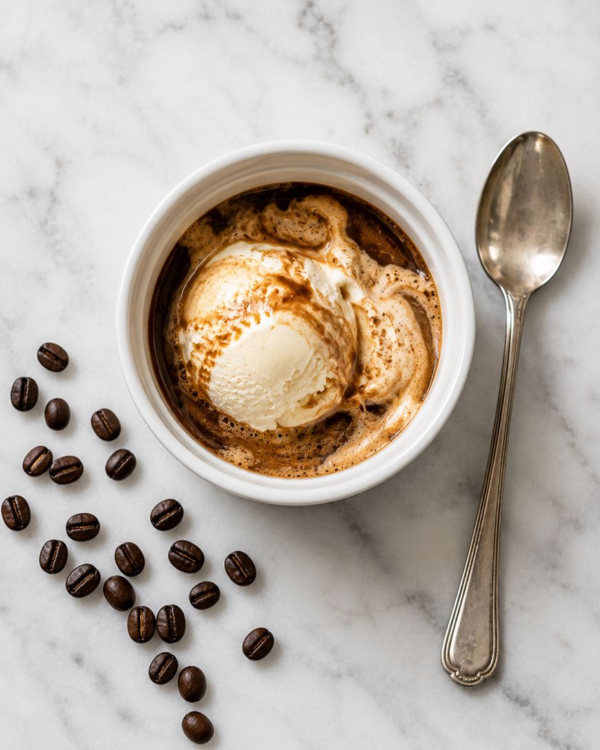A bowl of vanilla ice cream with espresso poured over it, creating an affogato, sits on a marble surface next to a vintage spoon and scattered coffee beans.